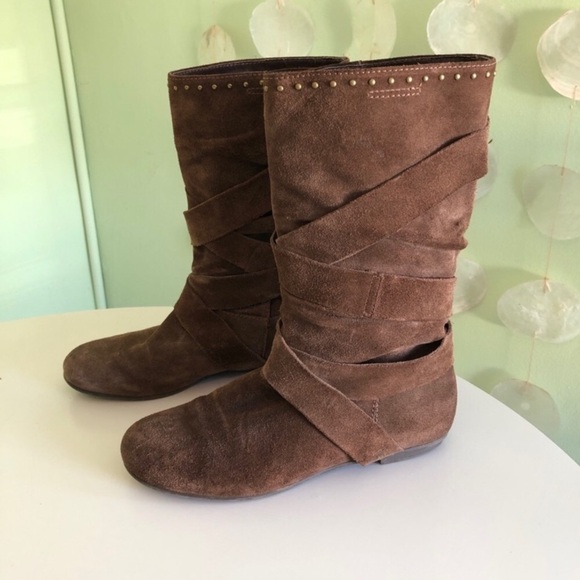 Vintage Y2K Aldo Boho Suede Leather Ankle Studded Strappy Moto Boots - Picture 1 of 4